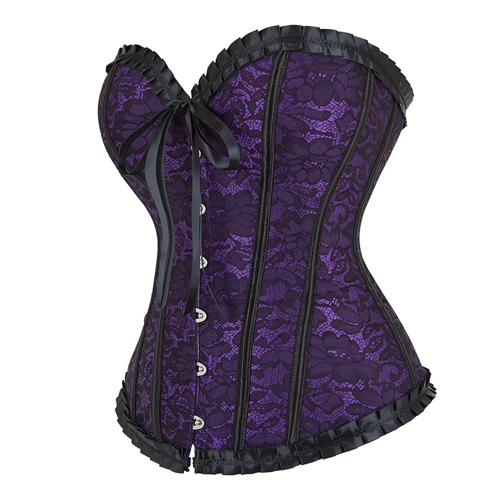 Vintage Jacquard Corset with Ruffled Trim Women Sexy Lace Up Overbust Bustier Tops Slimming Body Shaperwear