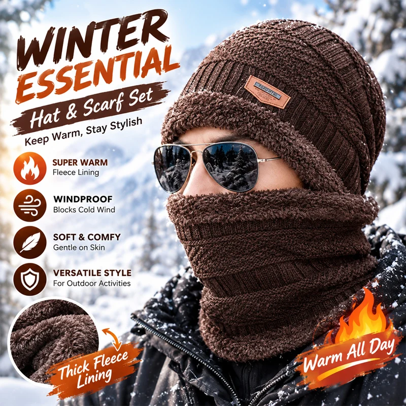 Winter Knit Hat Scarf Set Warm Fleece Lined Beanie and Neck Gaiter for Skiing Hiking SnowboardingCold Weather Outdoor Sports