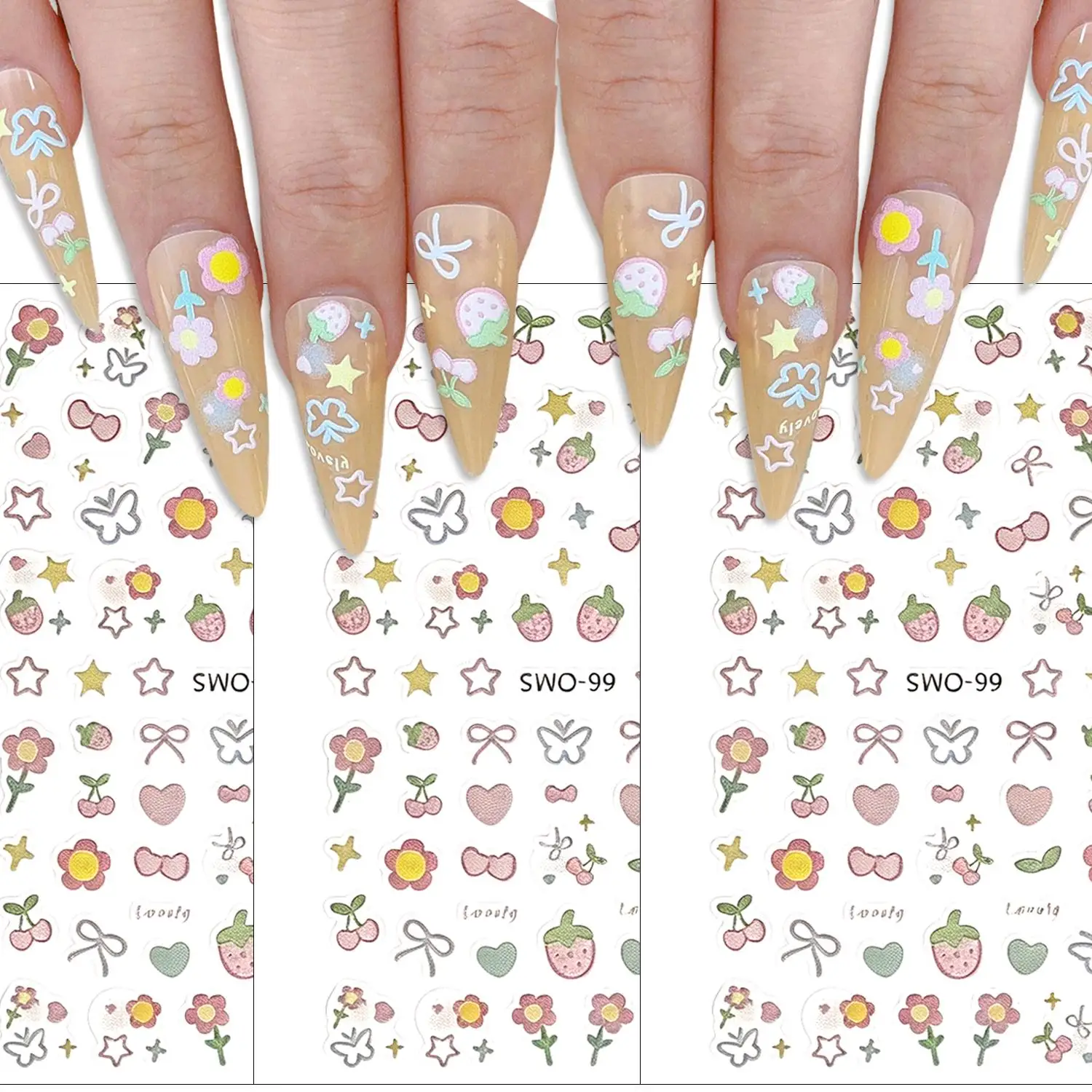 Sweet Element Nail Stickers Simple Flower Heart Cherry Strawberry Kawaii Decals Colorful Bow Butterfly Manicure Sliders Sticker