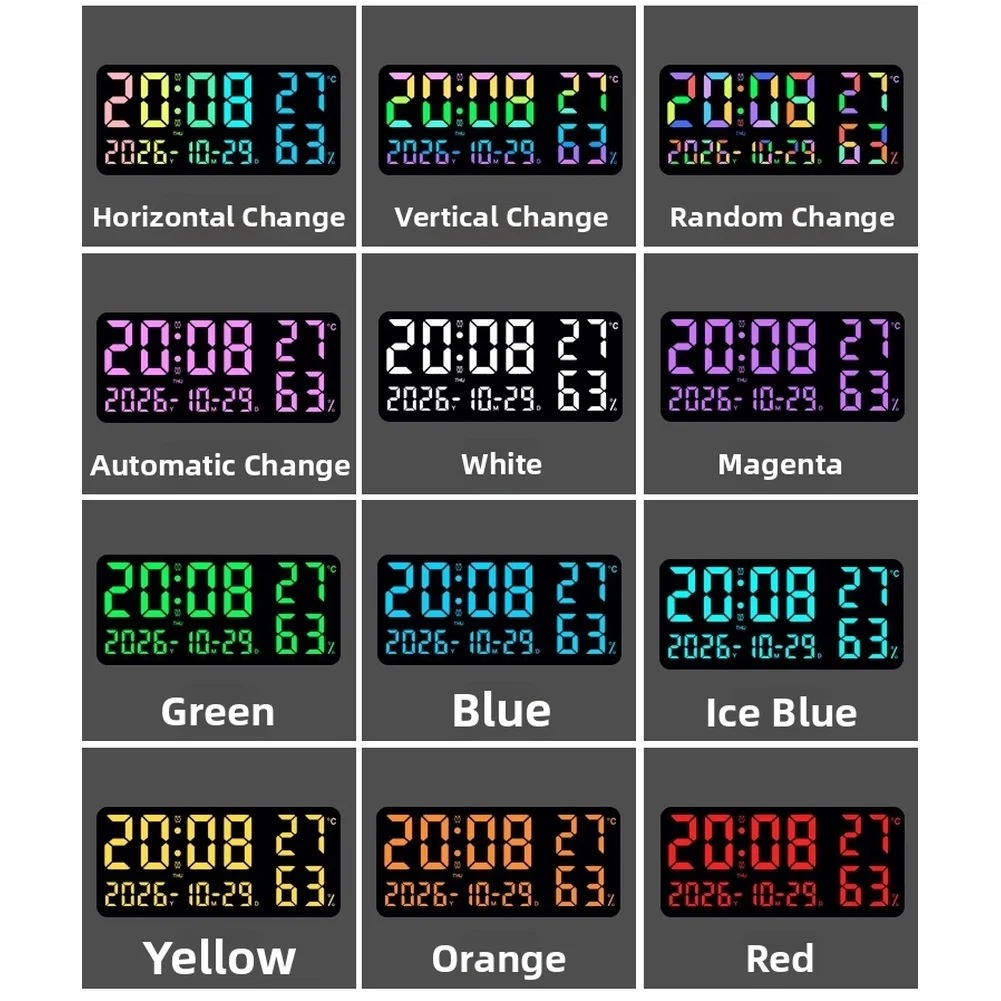 

Настенные часы 1 шт., большие, с RGB-подсветкой, меняющей цвет, светодиодные, с отображением температуры, будильником, календарем, для домашнего декора