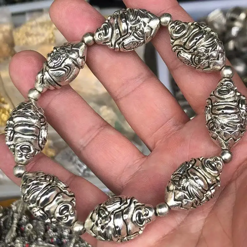Antique Miscellaneous Miao Mala Buddha Bracelet, Vintage Ethnic Style Silver-Plated Brace