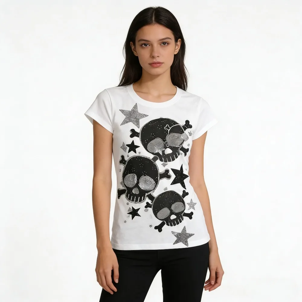 

American Y2k Women's Tee 2000s Hottie Clothes White Tops Star Skull Graphic Print T Shirts Goth Emo Punk Aesthetics Chic T-shirt