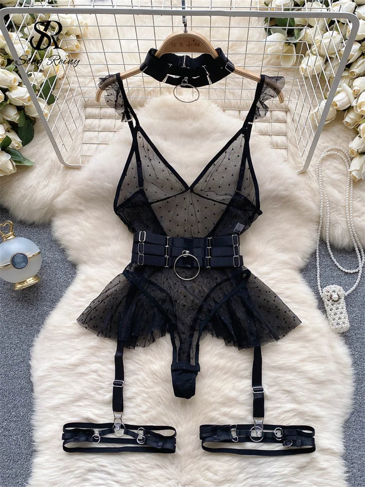 SINGREINY Sheer Amatory Corset Bodysuits Female V Neck Camis Belt Sheath Rompers 2023 Women Open Crotch Ruffles Sexy Playsuits