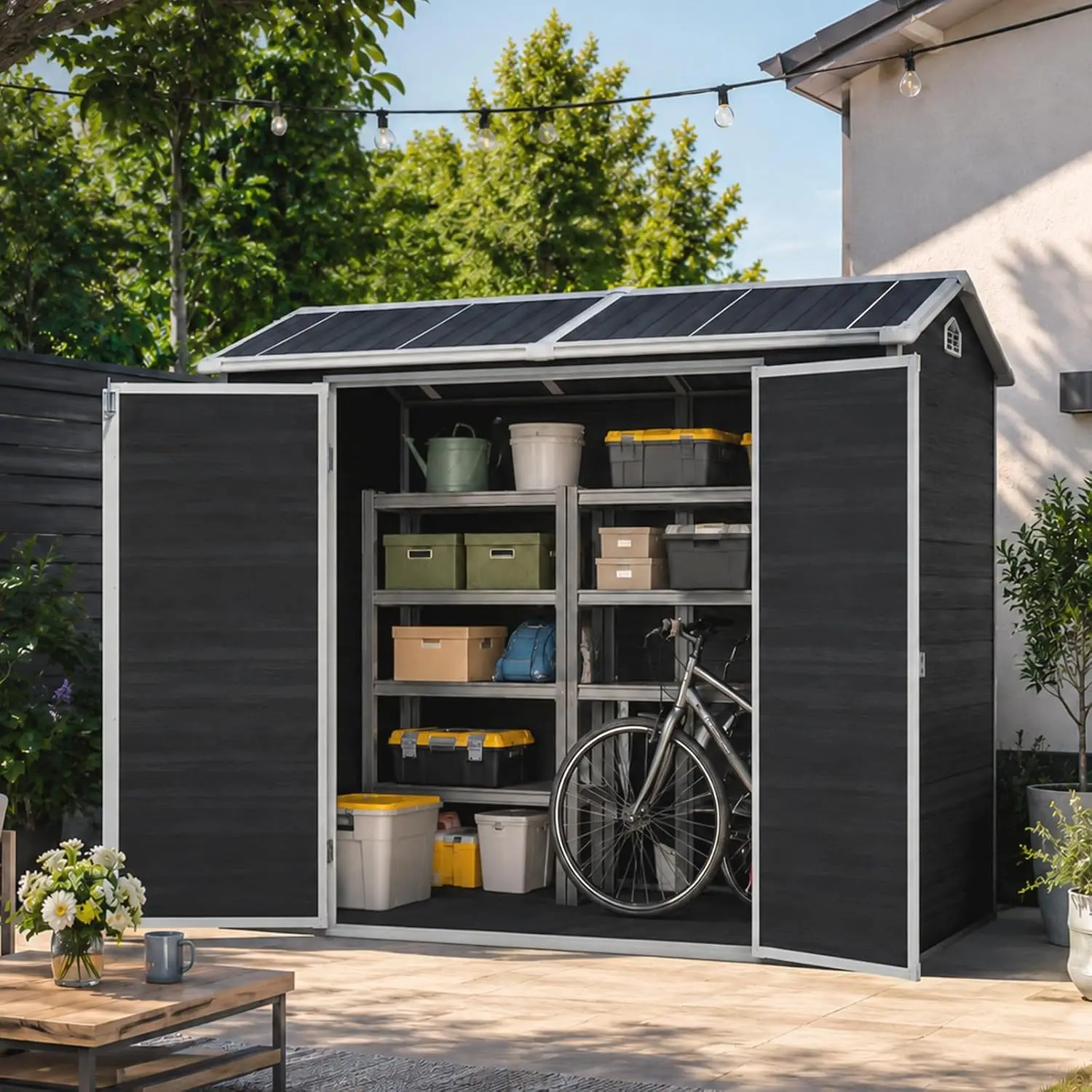 8x4 ft Outdoor Storage Shed w/ Window & Double Door, Plastic Garden Shed w/ Floor for Patio Yard Lawn, Customized
