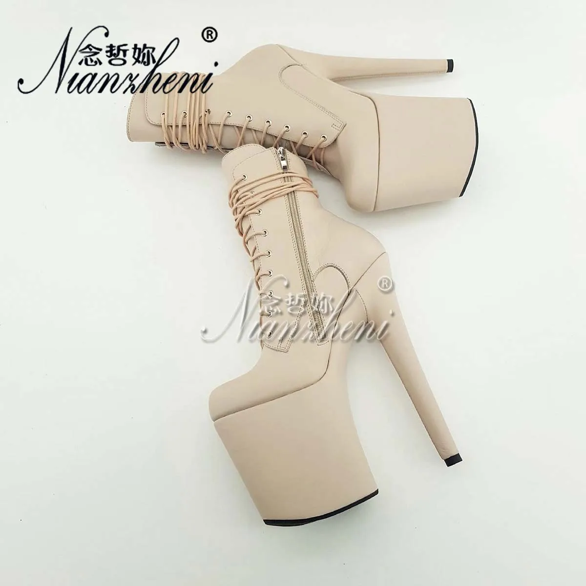 

Women Ankle Boots Crossdress 20cm Exotic Dancer Thin Heels Platform Round Toe Apricot Matte Pole Dance 8Inch Sexy Fetish Catwalk