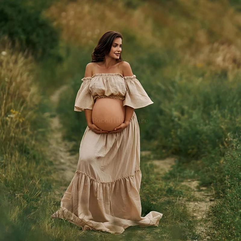 Ropa de maternidad Bohemia para mujer, vestido Retro de manga corta, lino y algodón, cómodo para sesiones fotográficas de maternidad