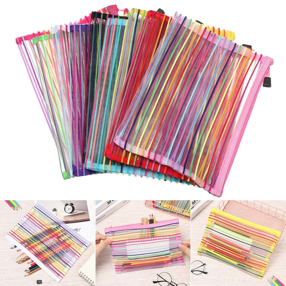 1pc Solid Color Handbags Cosmetic Stationery Makeup Nylon Mesh Pen Bag Zipper Pencil Case Grid Cosmetic Storage