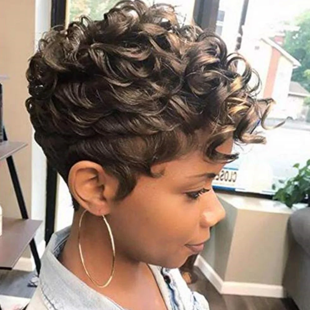 Short Ombre Hair Wigs for Black Women Afro Curly Hairstyles for Women Pixie Cut Wigs with Curly Bangs