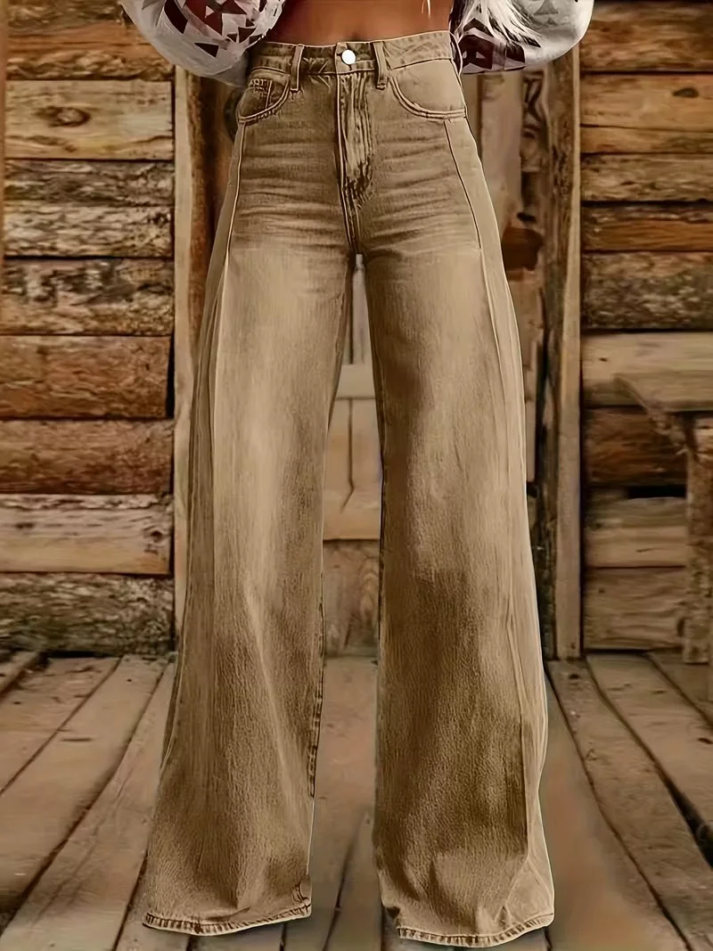  Women's Fashion Casual Wide Leg Denim Jeans Washed Elastic Denim Versatile Wide Leg Pants Loose Fit Versatile Simple Stylish 