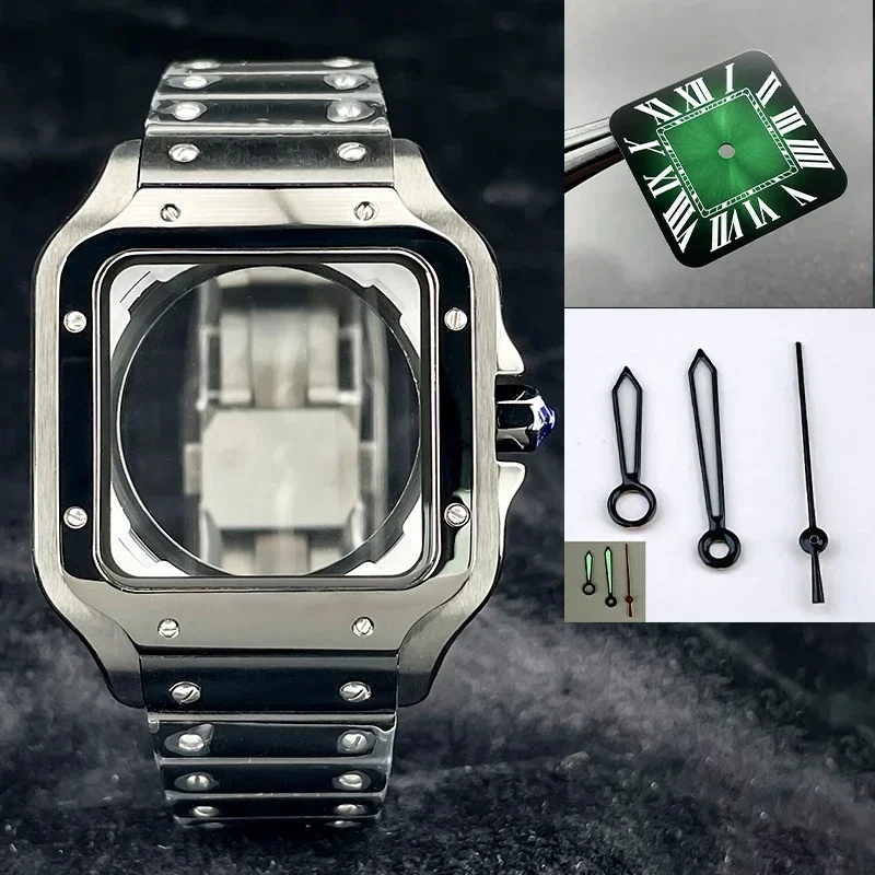 NH35 Case Green Dial Hand Stainless Steel 38mm Square Watch Case Repair and Modification Parts for NH36 NH35 Movement Watch Case