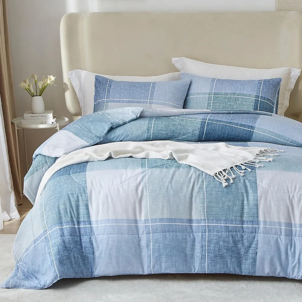 Blue Plaid Checkered Comforter Set Queen Size Modern Geometric Bedding with 2 Pillow Shams