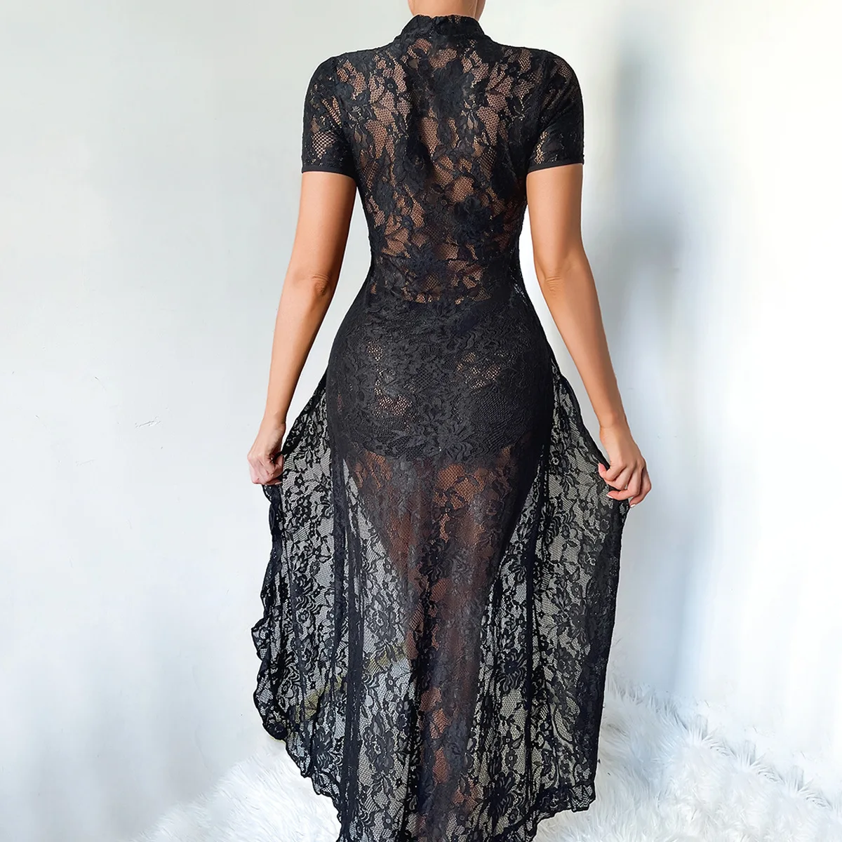 Women's Black Lingerie Exotic Dresses 2Pc Underwear Lace Cheongsam Maxi Dress High Neck Short Sleeve Front Split Sheer Long Gown - view 6