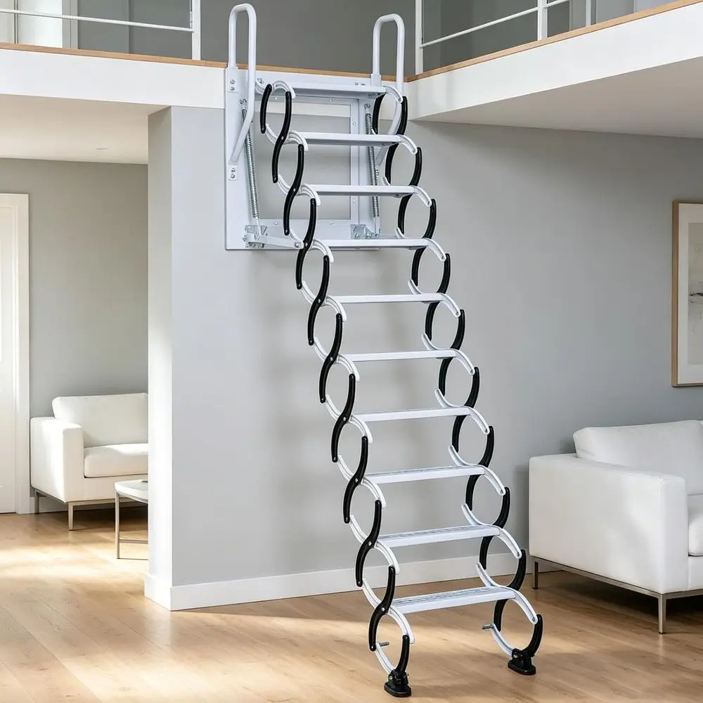

Telescoping 12-Step Attic Ladder - Retractable Staircase for Garages and Lofts (Black-White)
