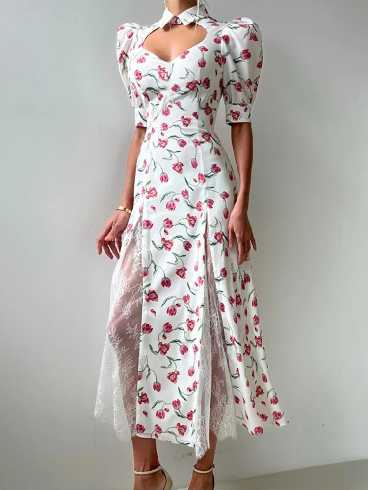

French Party Dresses For Woman Floral Print Dress Lace Patchwork See Through Lace Vestidos Hollow Out Short Sleeves Banquet Slim