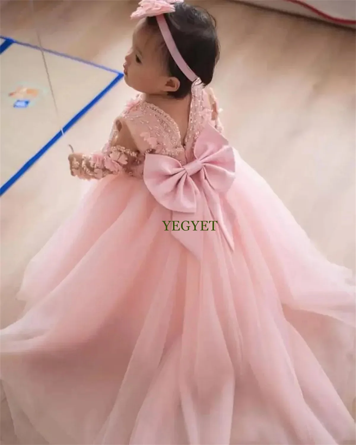 Lovely Baby Flower Girls' Dresses for Weddings with Bow Beaded 3D-Applique Tulle Princess Party Birthday Gowns Long Sleeves Page