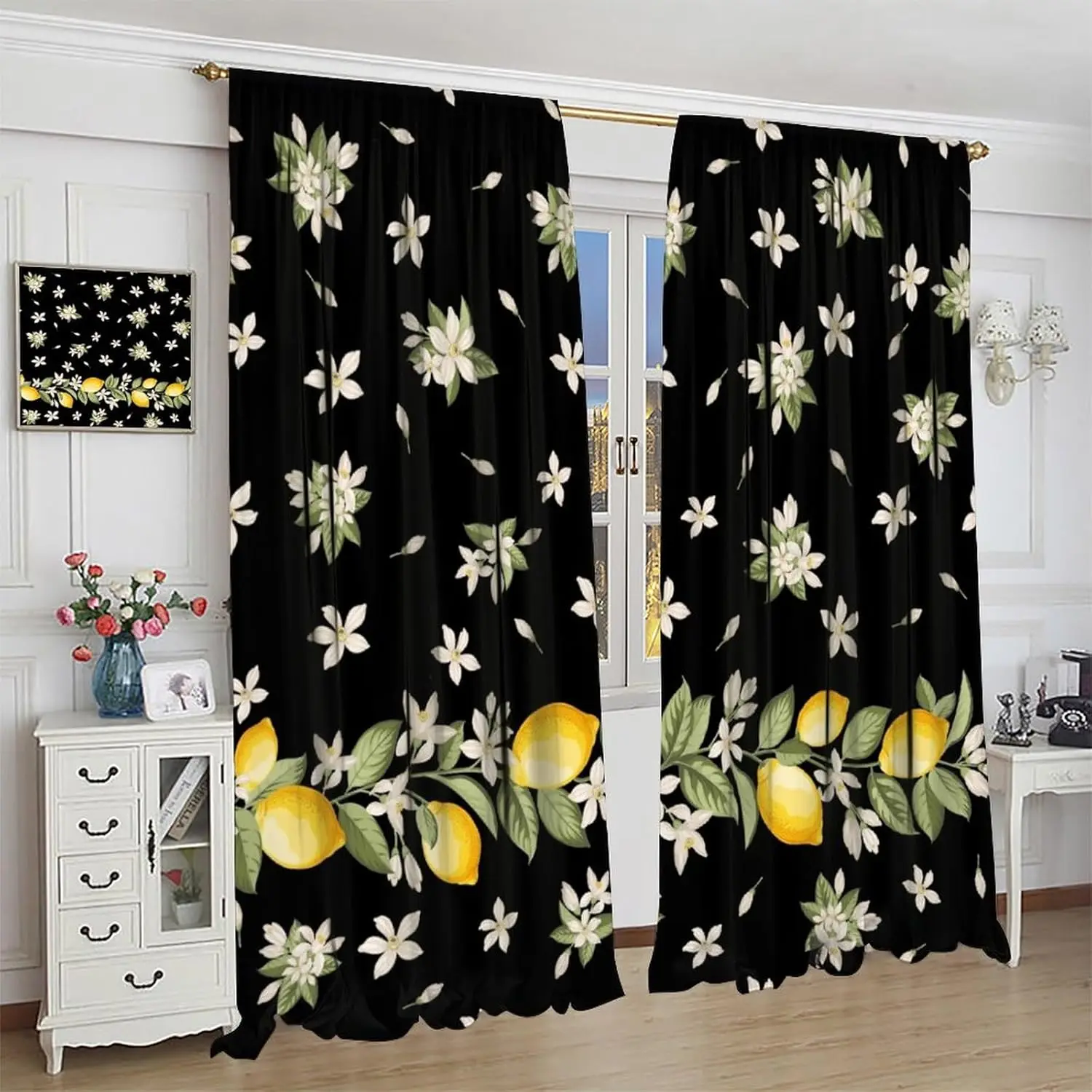 Lemon Blackout Curtains, Fresh Fruit Floral Leaves Vintage Rustic Farmhouse Pattern Window Drapes, for Living Room Bedroom