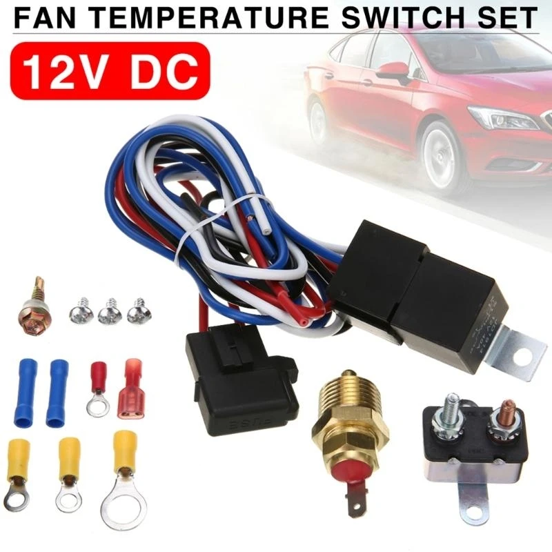

P5ED 175-185 Degree Auto Car Radiator Electric Cooling Fan Thermostat Temperature Sensor Switch Relays Harness Kit Adjustable