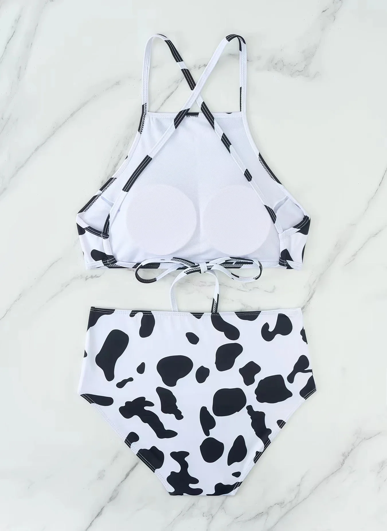 Bikinis de cuello alto para mujer, traje de baño de cintura alta, Top corto con estampado de vaca, conjunto de Bikini entrecruzado con cuello Halter, traje de baño para playa 2024
