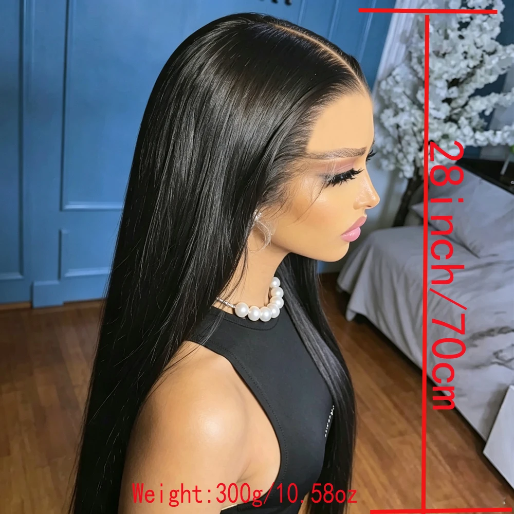 Soft 28Inch Black Straight HD Lace Frontal Wigs Hair Pre Plucked Transparent Lace Front Wigs For Women Deep Part