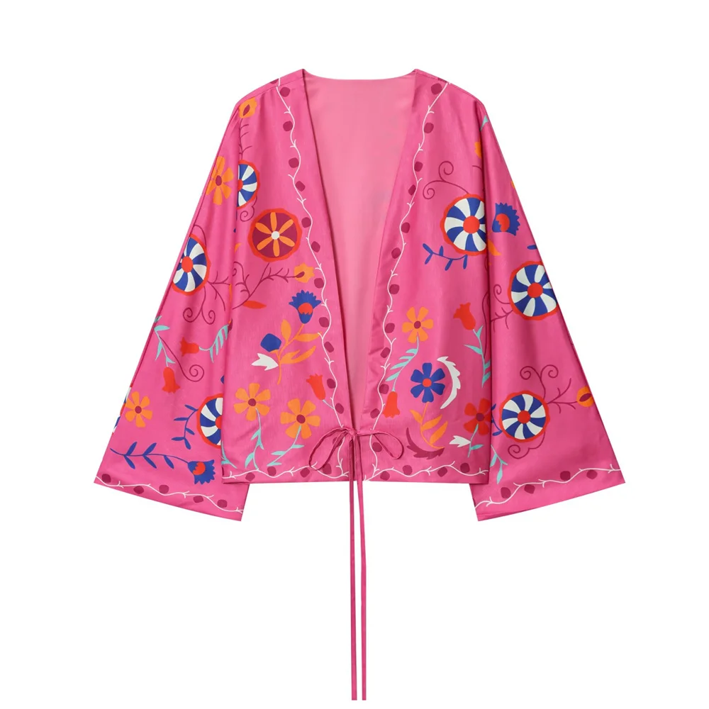 

UNIZERA's new women's fashion versatile V-neck long sleeved printed drawstring decoration kimono cardigan jacket