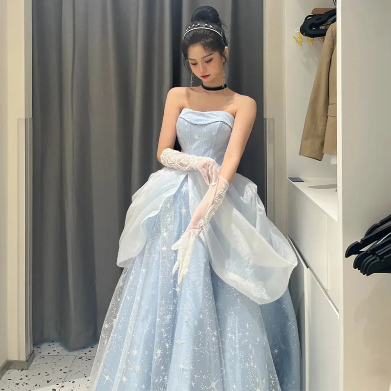 

Strapless Style Blue Evening Dress Female Puff Sleeve Fairy Princess Adult Gift Light Luxury Birthday Prom Banquet Sweet Dresses