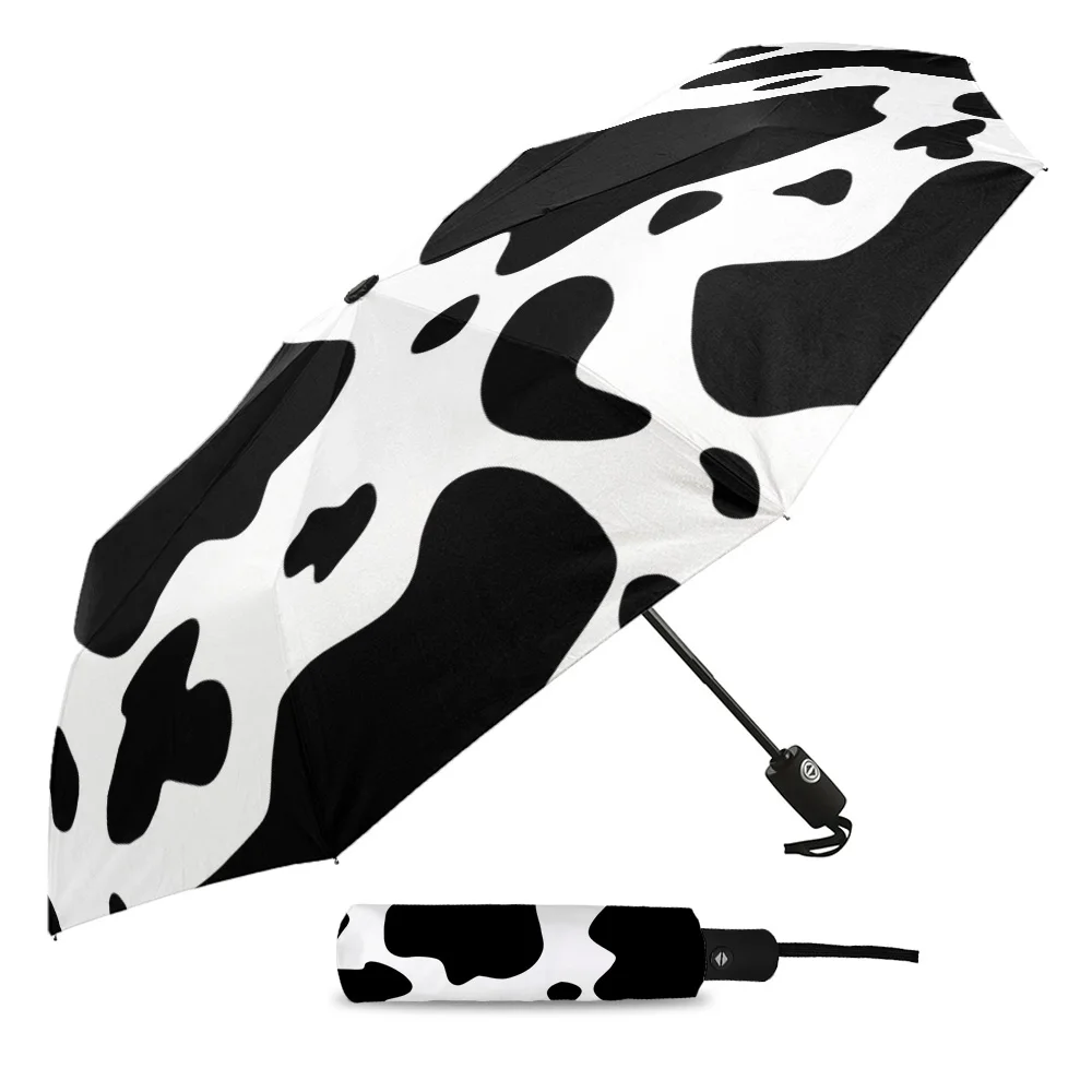 Cow Texture Black White Print Women Men Rain Umbrella Three Folding Girl Durable Portable Automatic Umbrellas Gift Parasol