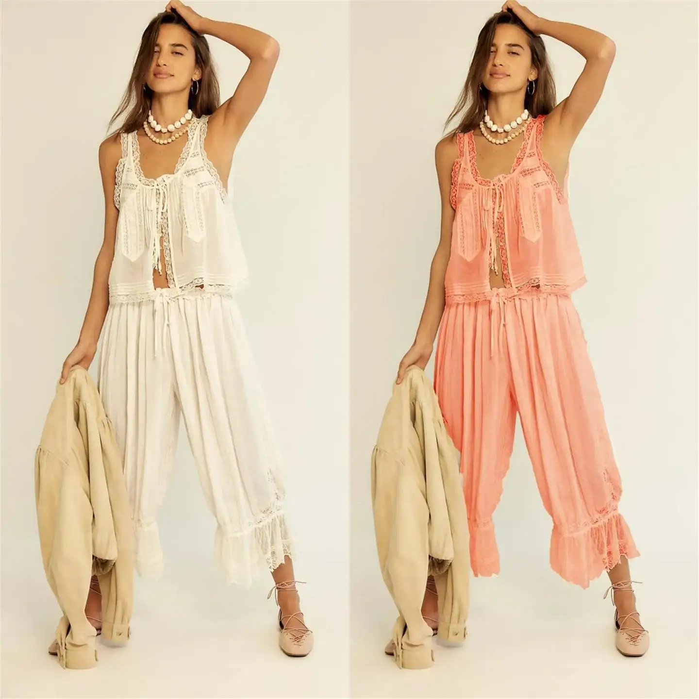 

Women's Ruffle Trim Tank Top Cropped Pants Set Splice Style Nine Points Pants Casual Fashion Outfit Three Pieces Set