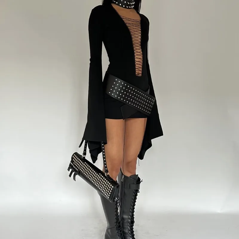 Mini robe Hipster noire pour femmes, Coquette froncée, Sexy, décolleté en V profond, manches longues évasées, moulante, fête, boîte de nuit, tendance Y2K