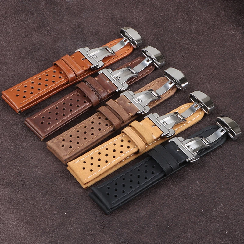 Vintage Genuine Leather Watch Strap 18mm 20mm 22mm with Butterfly Buckle Universal Cowhide Watchband Breathable Sport Wristbelt