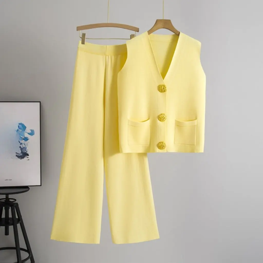 

Fashion Women's Summer Suit Sleeveless Large Button Knitted Shirt Top And Straight Wide-Leg Pants Two-Piece Set