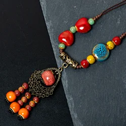Handmade Ceramic Tassel Pendant Necklace Adjustable Boho Jewelry Water Drop Design Vintage Style 175