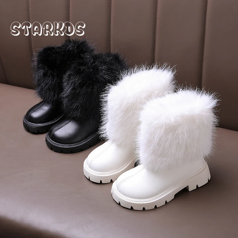 

Fluffy White Fur Knight Boots For Kid Girl Autumn Mid-Calf Flat Booties Child Round Toe Square Heel Fashion Leather Botas