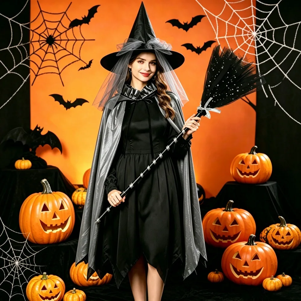 Shiny Witch 3‑Pcs Set Irregular Hem Cloak 5 Colors Parent‑Child Matching Outfit For Halloween Carnival Fancy Party Dress Up Wear