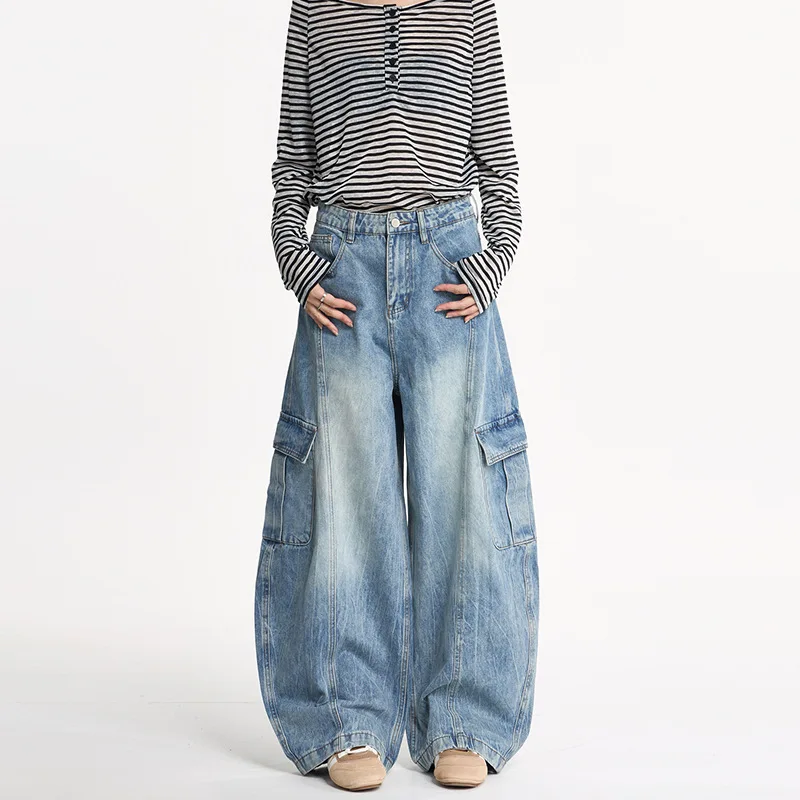 

American-style Washed Lightning-Stitch Patchwork Oversized Pocket Workwear Pants Unisex Oversized Fit Denim Trousers Soft
