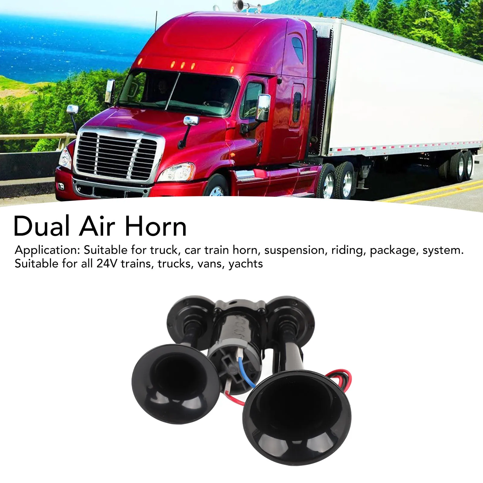 

Комплект двухтрубного пневматического гудка 24В, громкий, для повышения безопасности, простая установка, для грузовиков, фургонов, автобусов, автомобилей, поездов, яхт