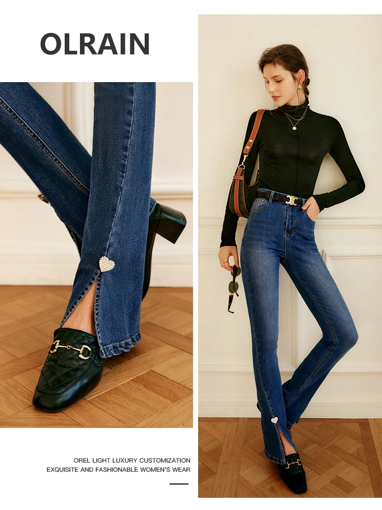 

OLrain Women's Blue Bootcut Jeans for Woman 2025 Cotton Denim High Waist Slim Flared Pants with Slit Ladies Clothes O22CA60611