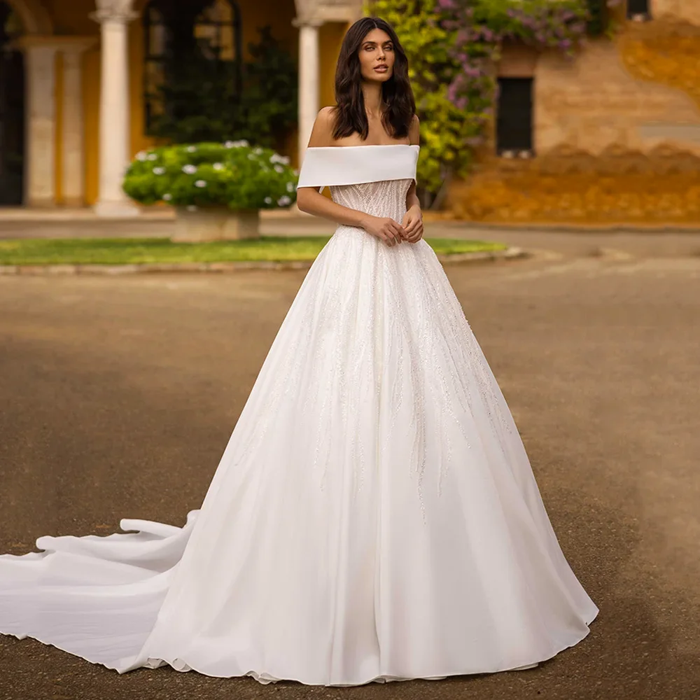 

CustomizedWedding Dress Satin Bridal Gown Boat Neck Off Shoulder Beading Sequined A Line Sweep Train Corset Bride Dress Robe de