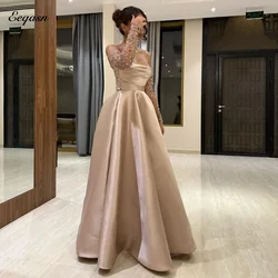 Beaded Long Sleeve Evening Dresses Strapless A Line Satin Prom Dress Saudi Arabia Wedding Party Gown Luxurious Customized