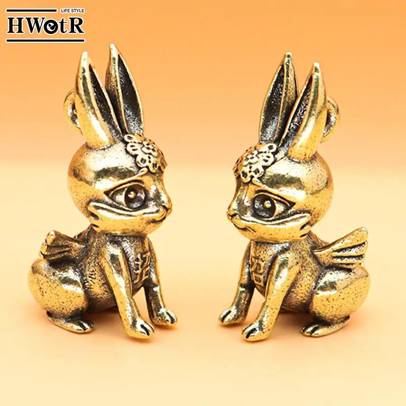 Chinese New Year Brass Zodiac 3D Rabbit Figurines Desktop Small Ornament Lucky Rabbit Key Chain Pendant Figurine Decorations