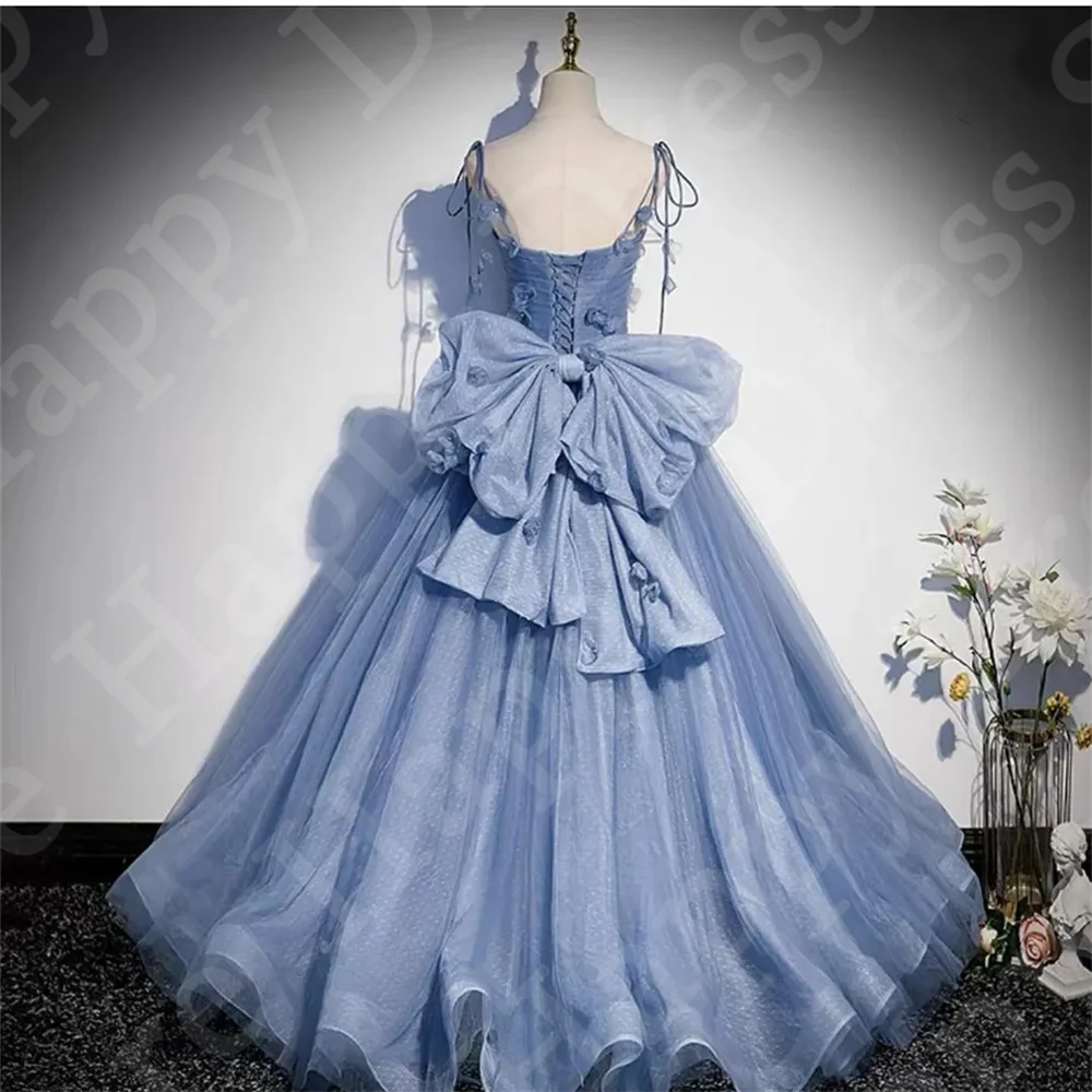 Spaghetti Straps With Flowers Prom Dress Princess Birthday Party Dress A-Line Tulle Lace-Up Back Wedding Dress Graduation Dress