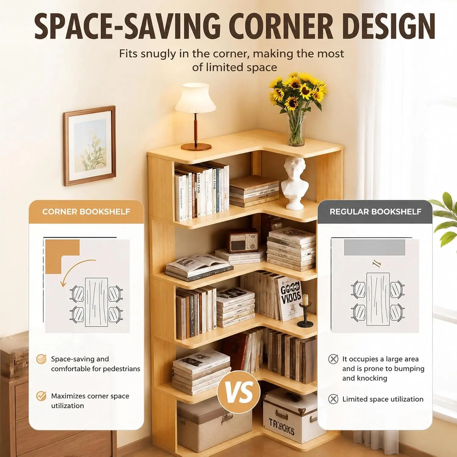 Solid Wood Corner Bookshelf 4 Tier L Shaped Etagere Storage Display Shelf for Home Office Living Room, Customized
