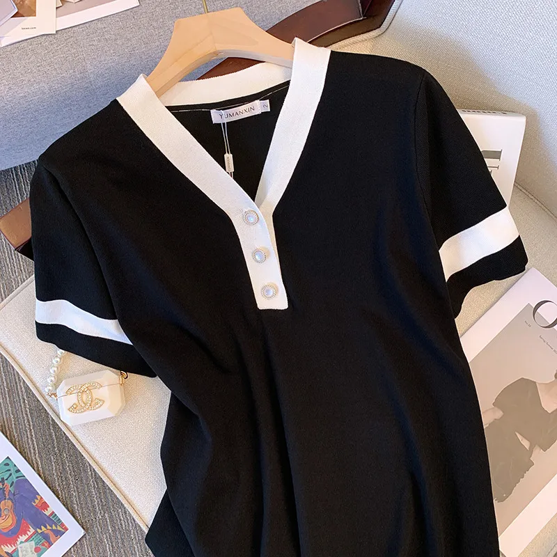 155Kg Plus Size Women\'s Bust 160 Summer Loose Ice Silk Knitted V-Neck Short Sleeve Dress Black 5XL 6XL 7XL 8XL 9XL 10XL