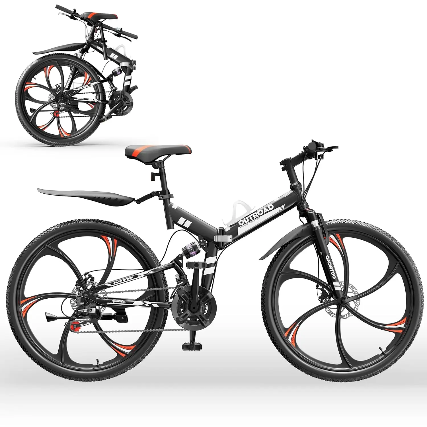 26 Inch Folding Mountain Bike, 21 Speed Full Suspension High-Carbon Steel MTB Foldable Bicycle, Dual Disc Brake Non-Slip