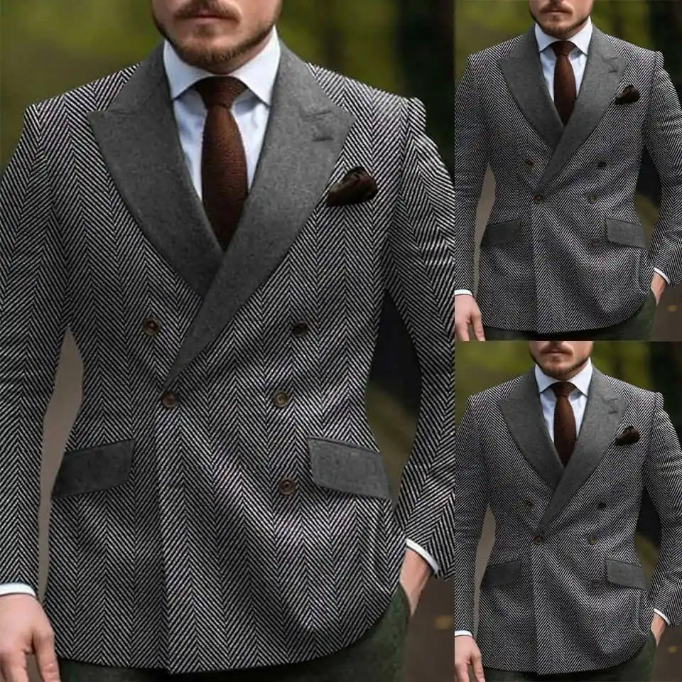 

Herringbone Men's Suit Coat Peaked Lapel Tuxedos Double Breasted Autumn Winter Groom Wear Business Only Blazer Customized