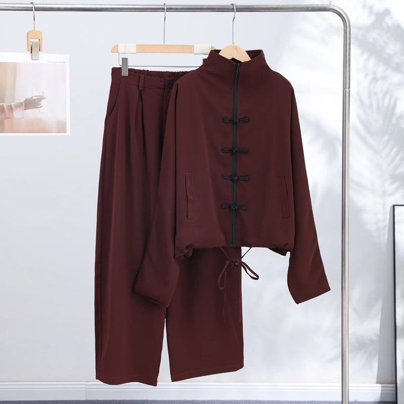2026 Herbst Casual Dekor-Mantel-Hosen-Set für Damen, Langarm, Einfarbig, Stehkragen, Lose Mäntel, Lange Hosen-Sets, Damen-Oberbekleidung, Neu – Detail 14