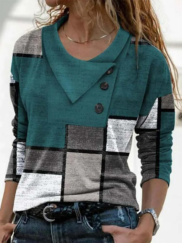 Mode Geometrie Druck T-Shirt Frauen Casual Herbst Taste Langarm Tops Chic Kreis Dekoration Tees 3XL – Detail 11