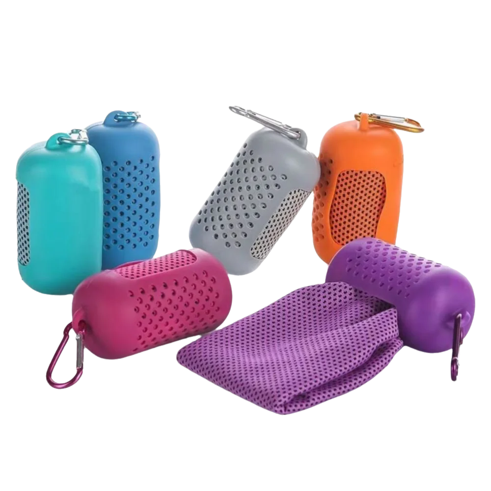 

Mini Sports Cold Towel Portable Quick Drying Fitness Cool Towel Silicone Bag Microfiber Wrapped Cold Towel Beach Accessories