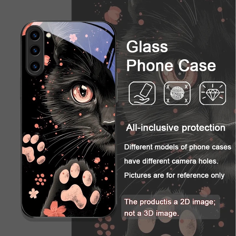Black Personality Cool Cat Tempered Glass Phone Case for Samsung Galaxy S25 Ultra S24 S23 Plus S22 S21 S20 FE M53 M55 Back Cover - view 3