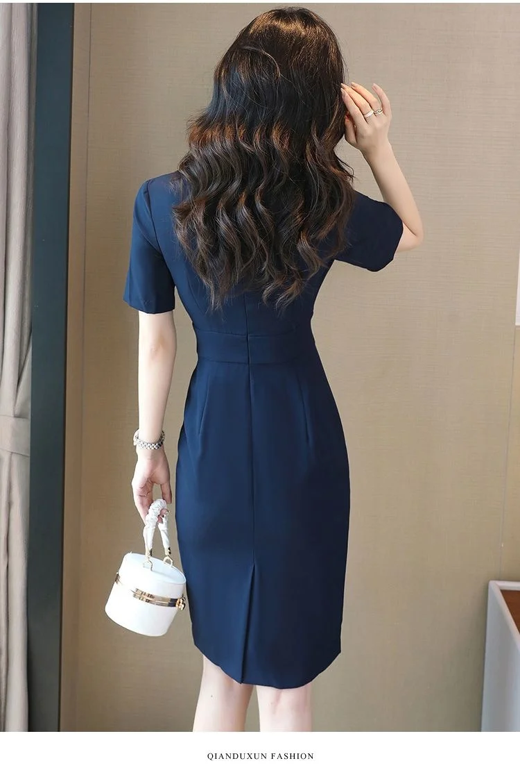 Navy Blue Suit Collar Dress For Women, Summer Bag Buttocks, Waist Up, Slimming One Step Skirt, Professional Commuting OL New