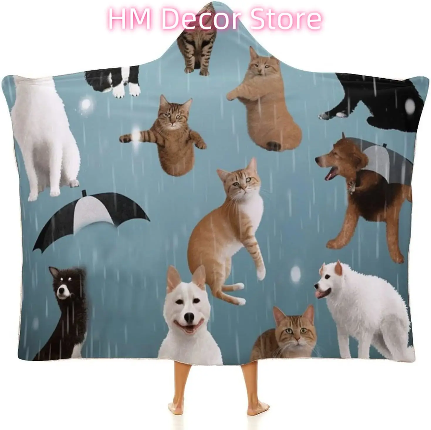 Raining Cats & Dogs Wearable Hooded Blanket, Ultra Soft Arctic Velvet Cape Cloak Unisex - Cozy Wearable Blanket